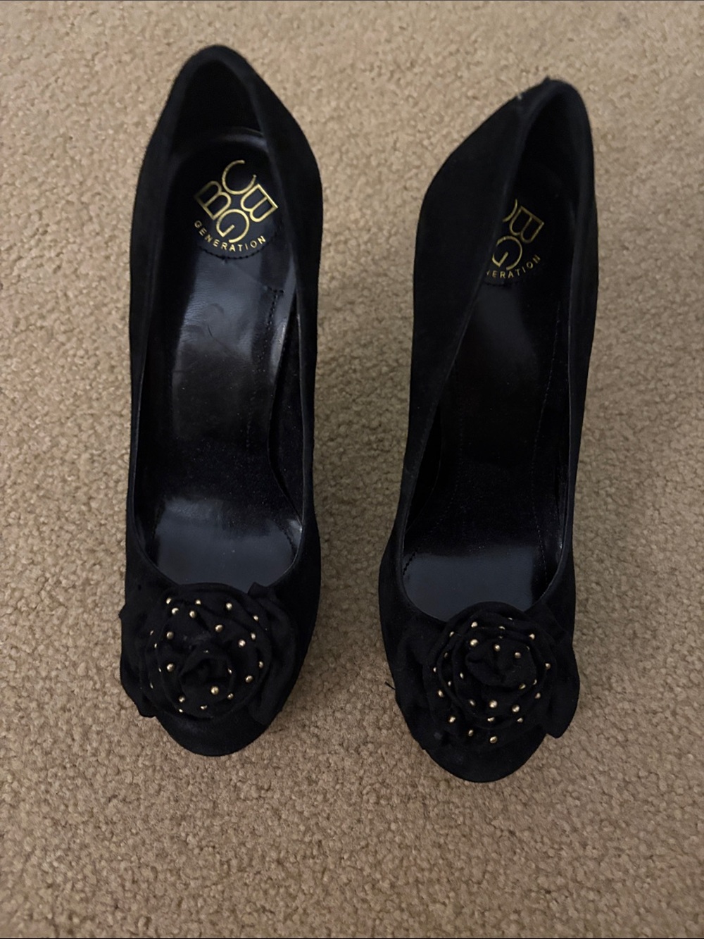 BCBGeneration Black Suede Peep-Toe Pumps with Rosette Stud Detail